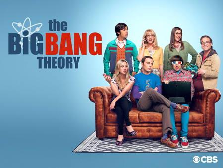 The cast of The Big Bang Theory sit on and stand behind a couch, on the poster for the show.